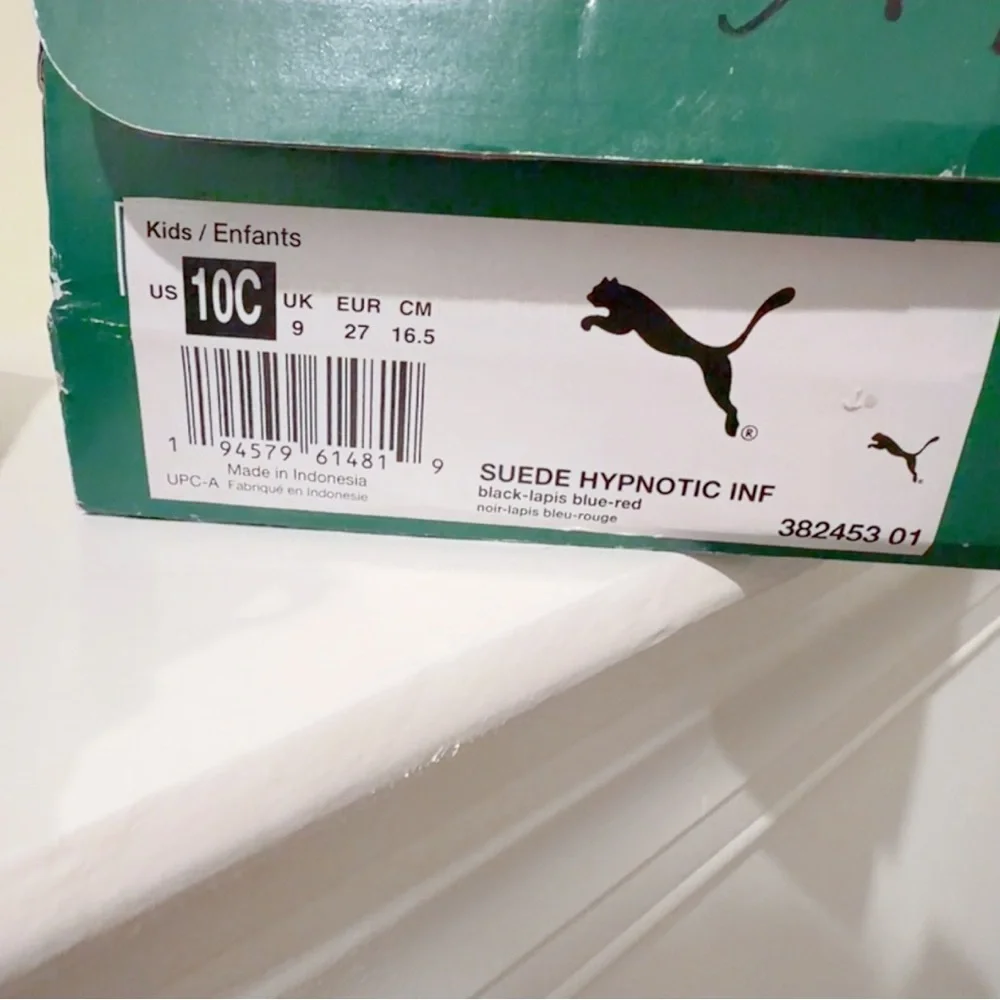 NEW IN BOX Puma Suede Hypnotic INF Kids Shoes - Size 10C (Black/Blue/Red)